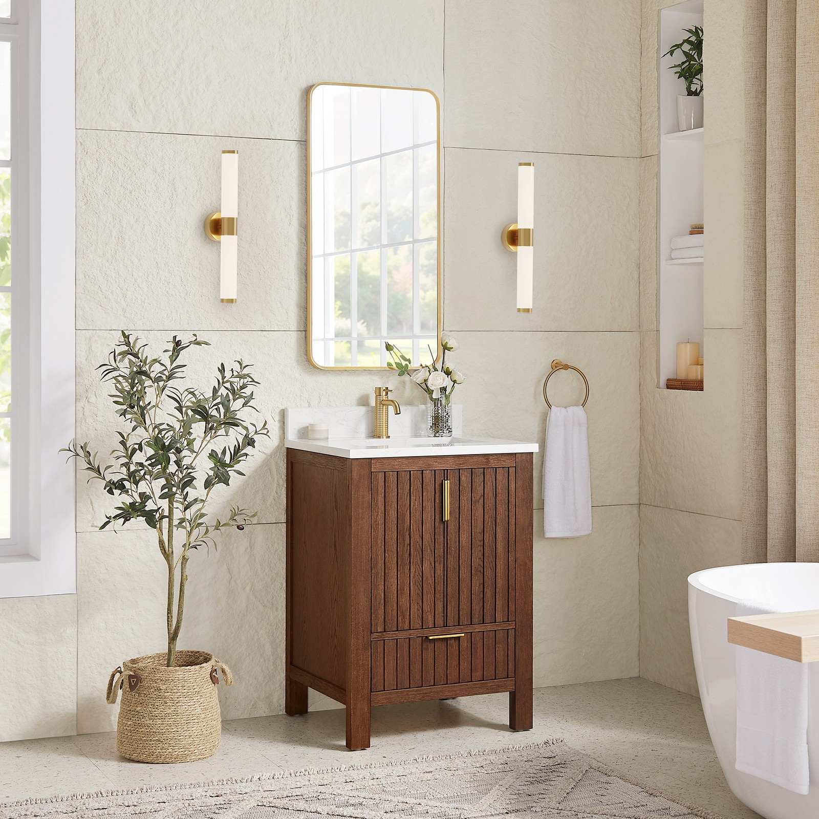 Shenzhen 24″ Single Bath Vanity in Aged Dark Brown Oak with Composite Stone Top