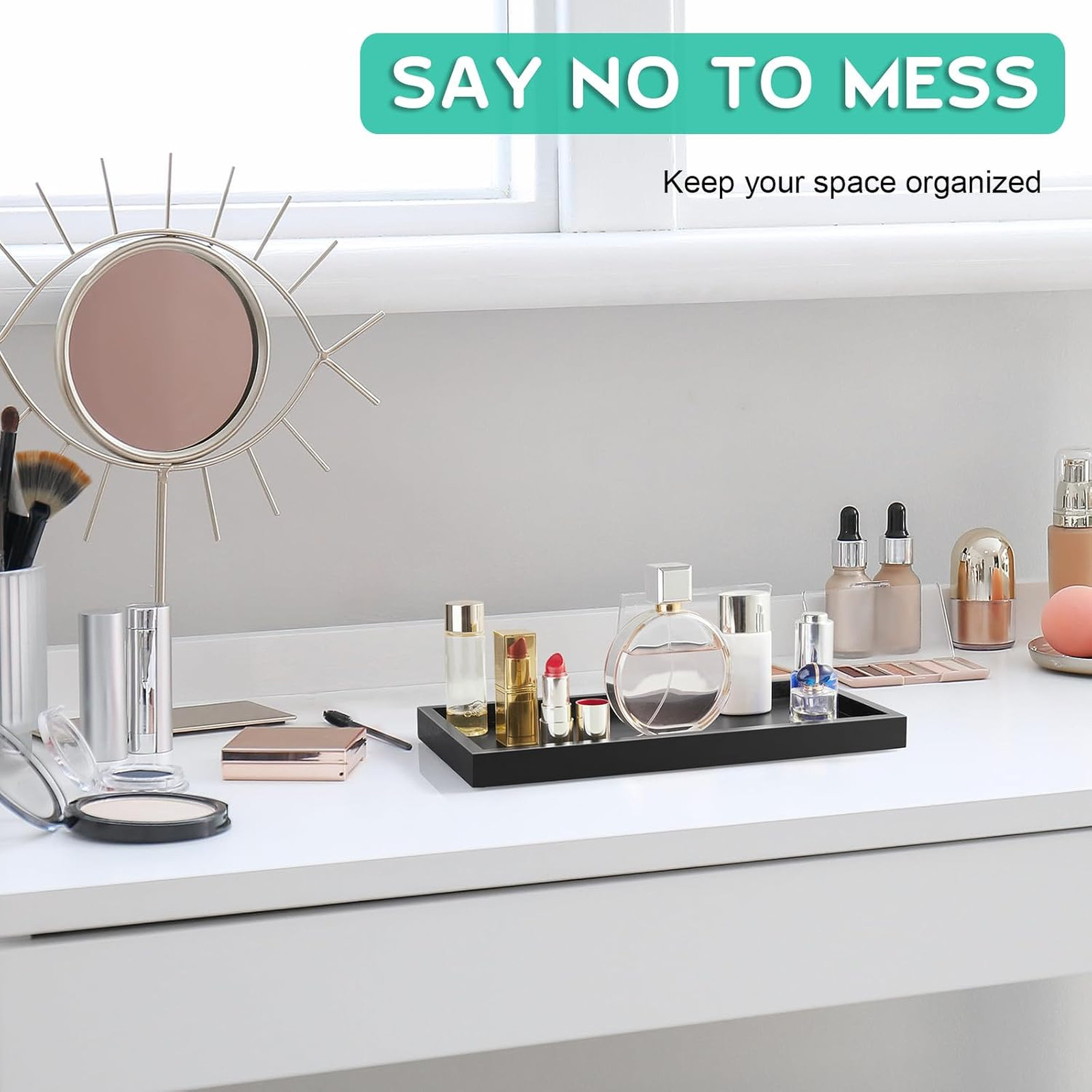 Bathroom Vanity Tray Black Wood Organizer for Countertop Makeup Perfume Jewelry
