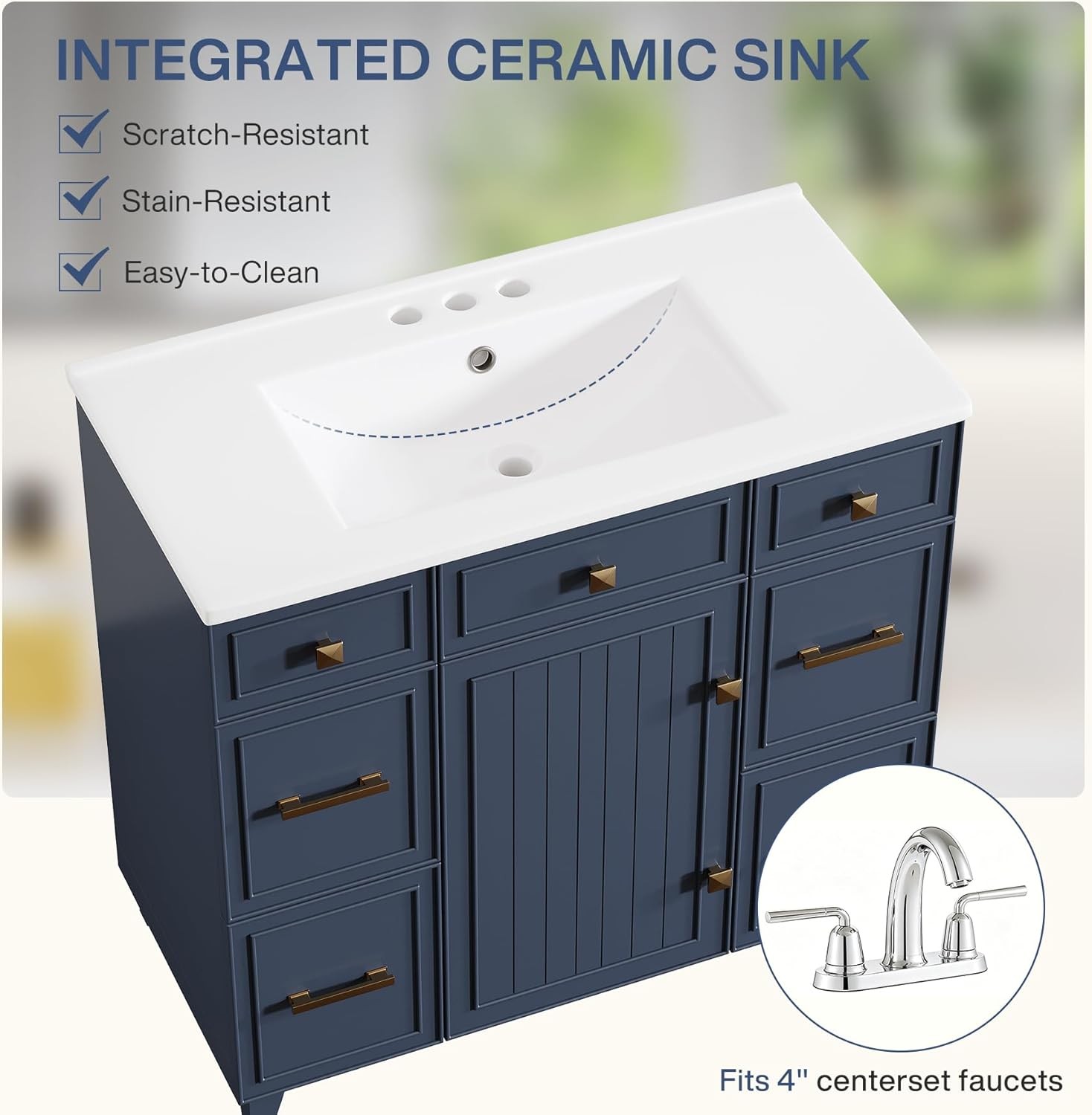 36 Inch Bathroom Vanity with Sink, Modern Bathroom Cabinet w/ 1 Door & 4 Drawers