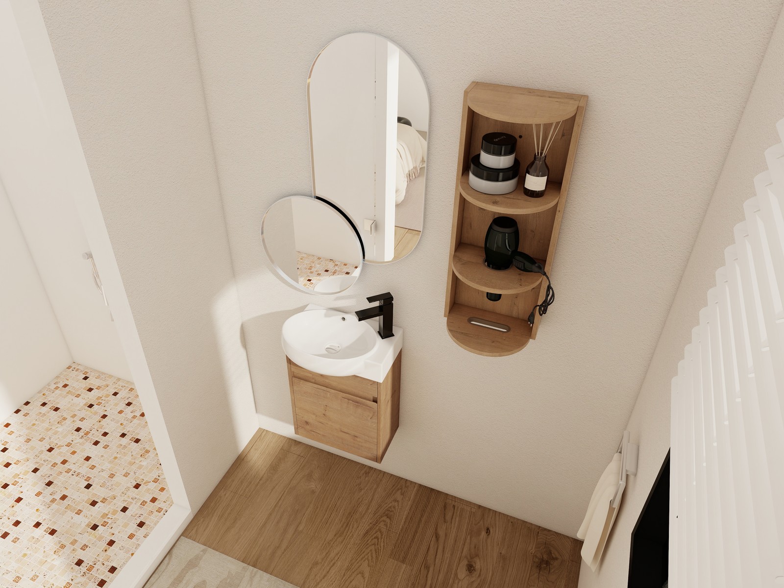 16Inch Wall Mounted Bathroom Vanity With Ceramic Sink Basin W/ Storage Rack Oak