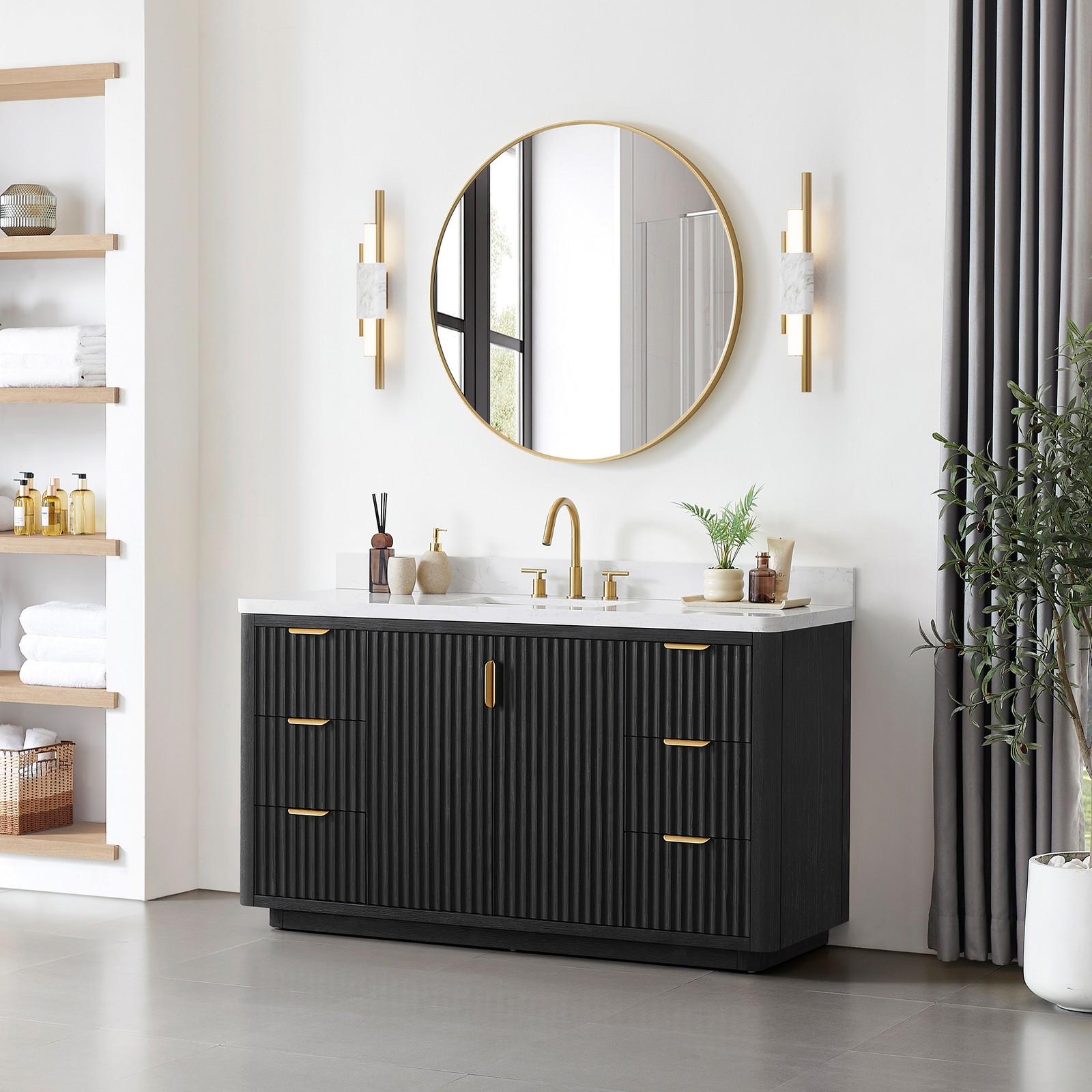 Cadiz 60″ Single Bathroom Vanity in Fir Wood Black with Composite Stone Top