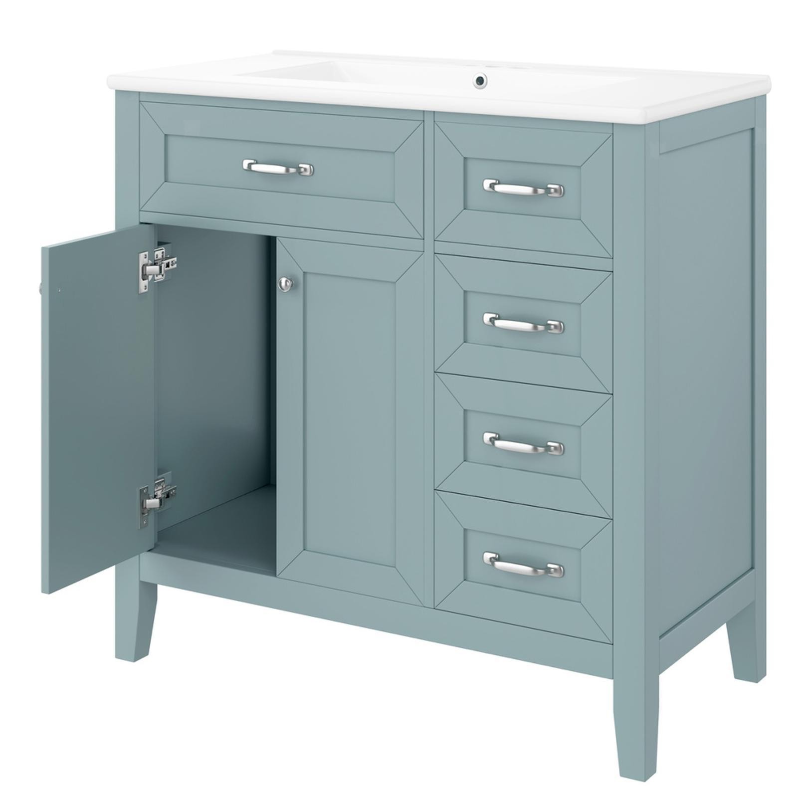 Stylish 36-Inch Green Bathroom Vanity with Ceramic Sink, Solid Wood Frame,