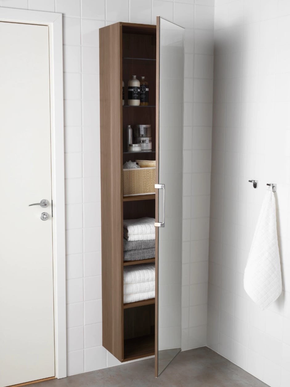 IKEA GODMORGON HIGH CABINET WITH MIRROR DOOR WALNUT EFFECT NEW