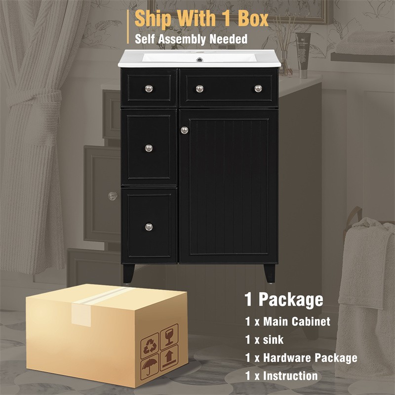 24″ Black Bathroom Vanity Cabinet with Ceramic Sink,2 Drawers,1 Soft-Close Door