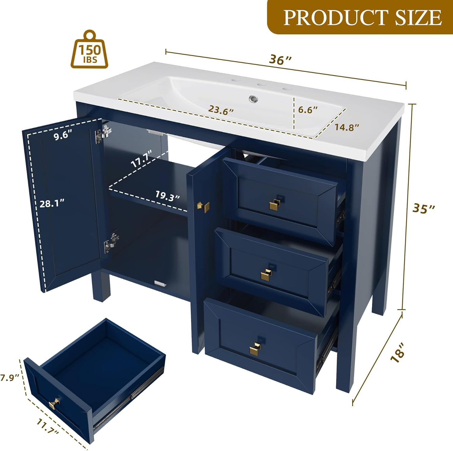 Navy Blue 36″ Vintage Bathroom Vanity with Sink, Soft-Closing Doors & Drawers