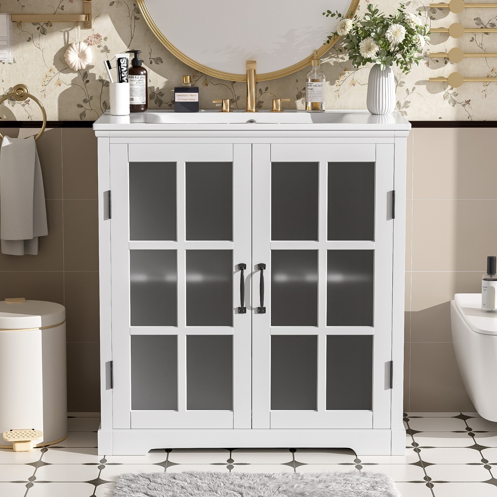 30″Bathroom Vanity with Ceramic Sink and Tempered Blurred Glass & Matte Handles