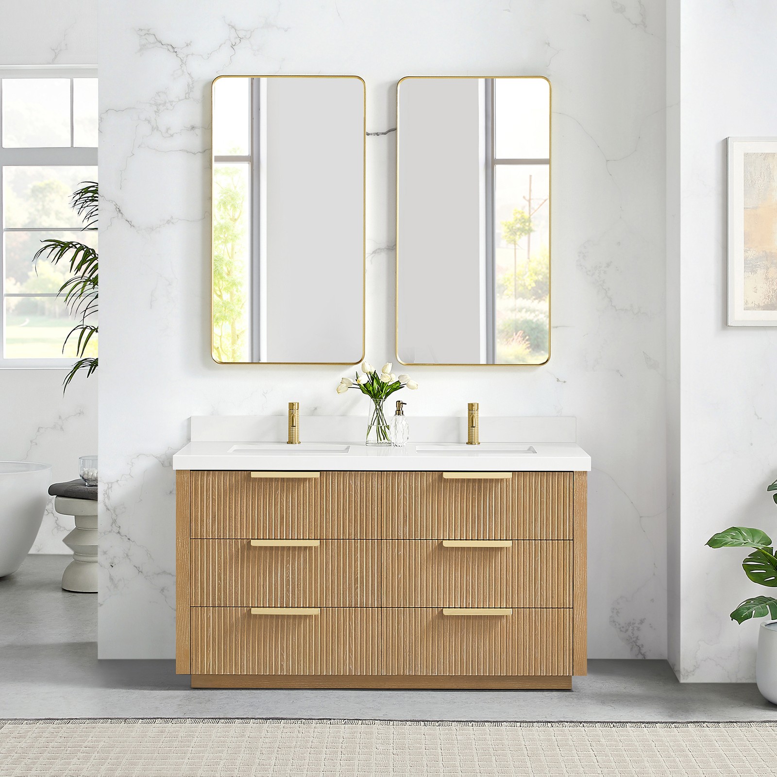 Santarem 60″ Double Bath Vanity in Washed Ash Grey with White Quartz Stone Top