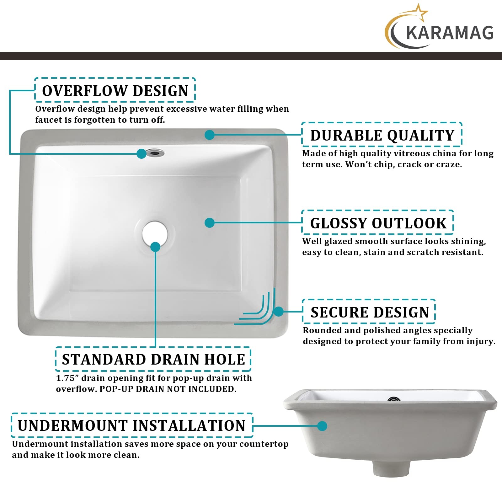 20 Inch Undermount Bathroom Sink Rectangle Undermount Sink White Ceramic Under–