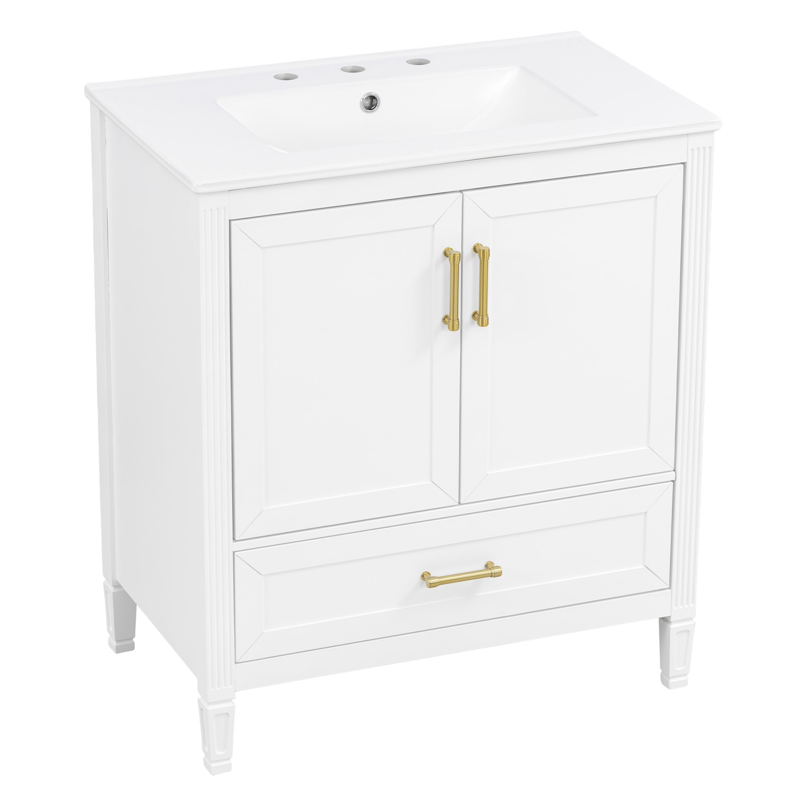 30″ White Fluted Bathroom Vanity with Ceramic Sink, Soft-Close