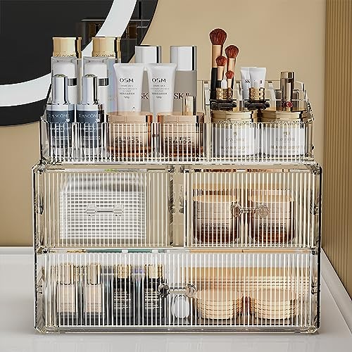 Stackable Cosmetic Organizer, Acrylic Cosmetic (1 Base, 2 Drawers) with Top