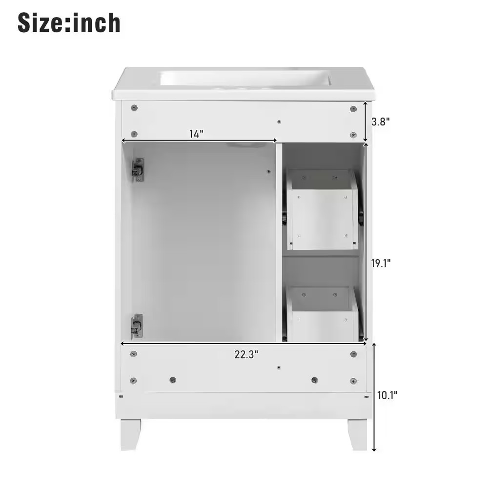 24 In. W Single Sink Freestanding Bath Vanity in White with White Ceramic Top an