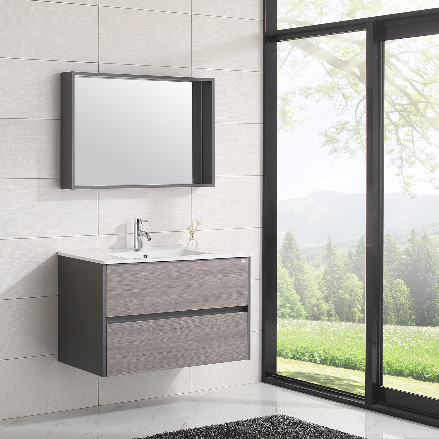 Wall-mount 36″ Bathroom Vanity Wood Cabinet w/ Resin Basin Sink & Mirror Combo