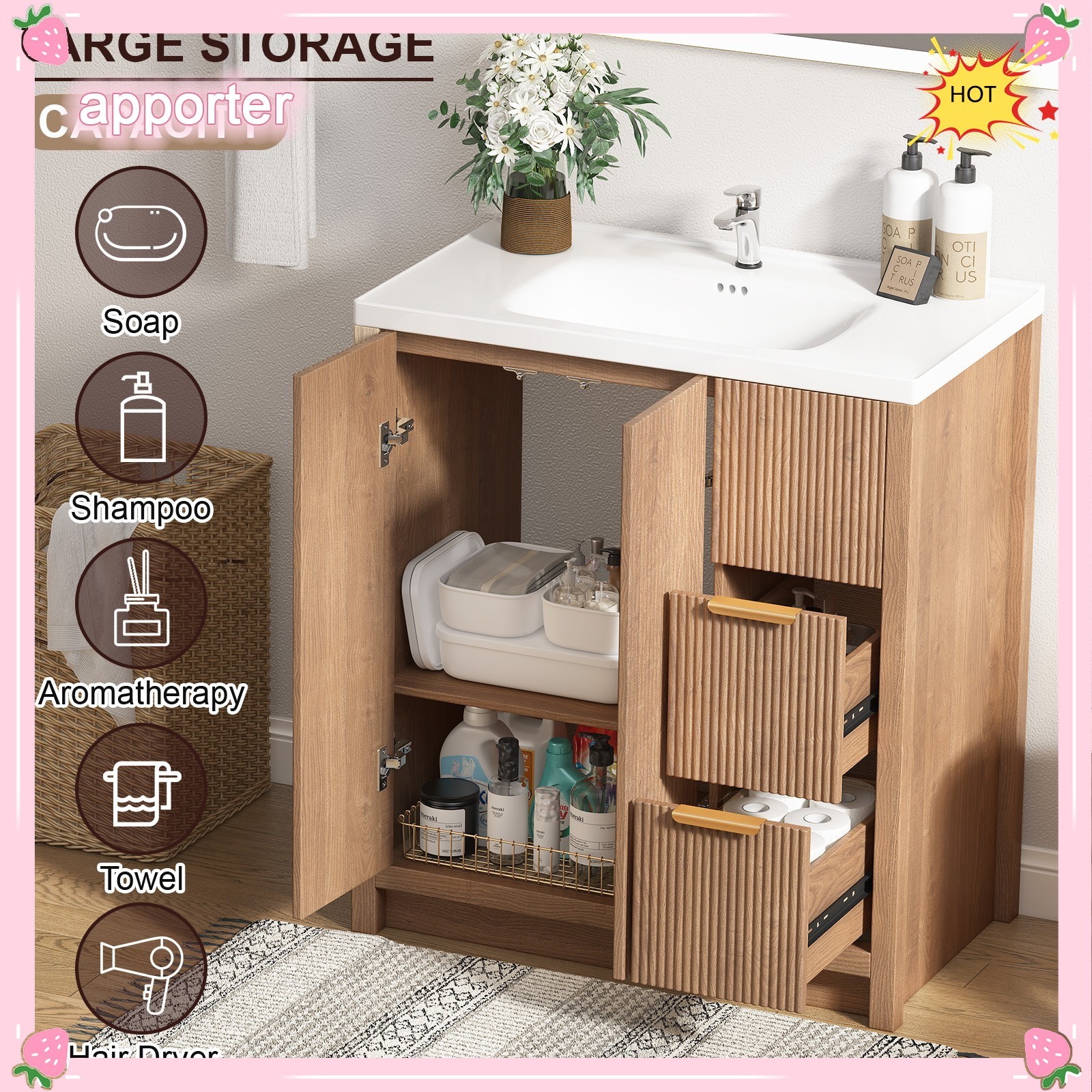 31.5″ Wooden Bathroom Vanity Cabinet with Ceramic Sink Single-Bowl + Drawers USA