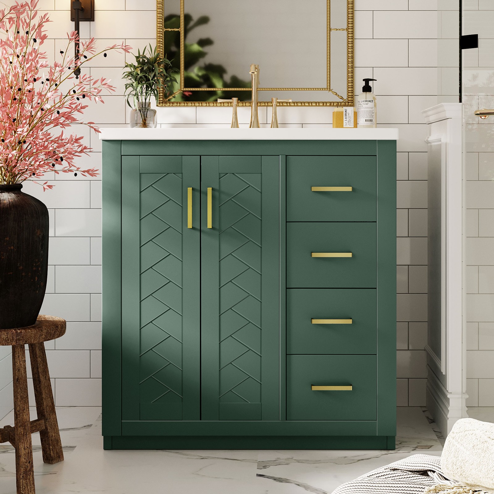 30″ Bathroom Vanity with Ceramic Sink, Solid Wood Frame, 3 Drawers