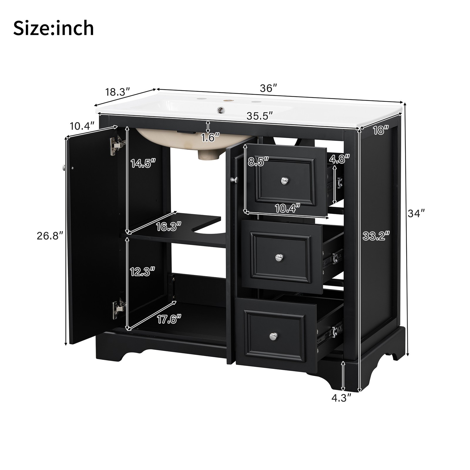 36″ Bathroom Vanity Cabinet Storage with Sink Combo w/2 Door & 3 Drawers Black