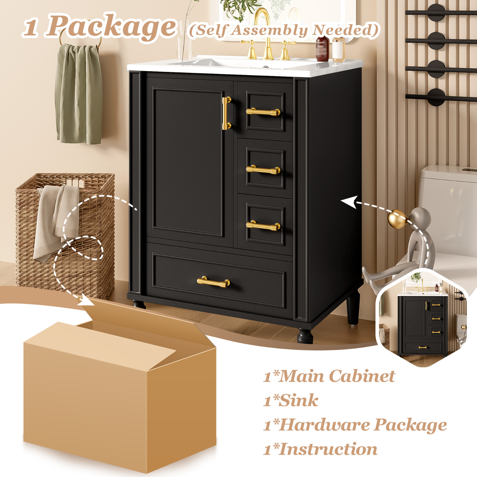 Black vanity cabinet with Sink 24 Inch Floor Standing vanity for bathroom Unit