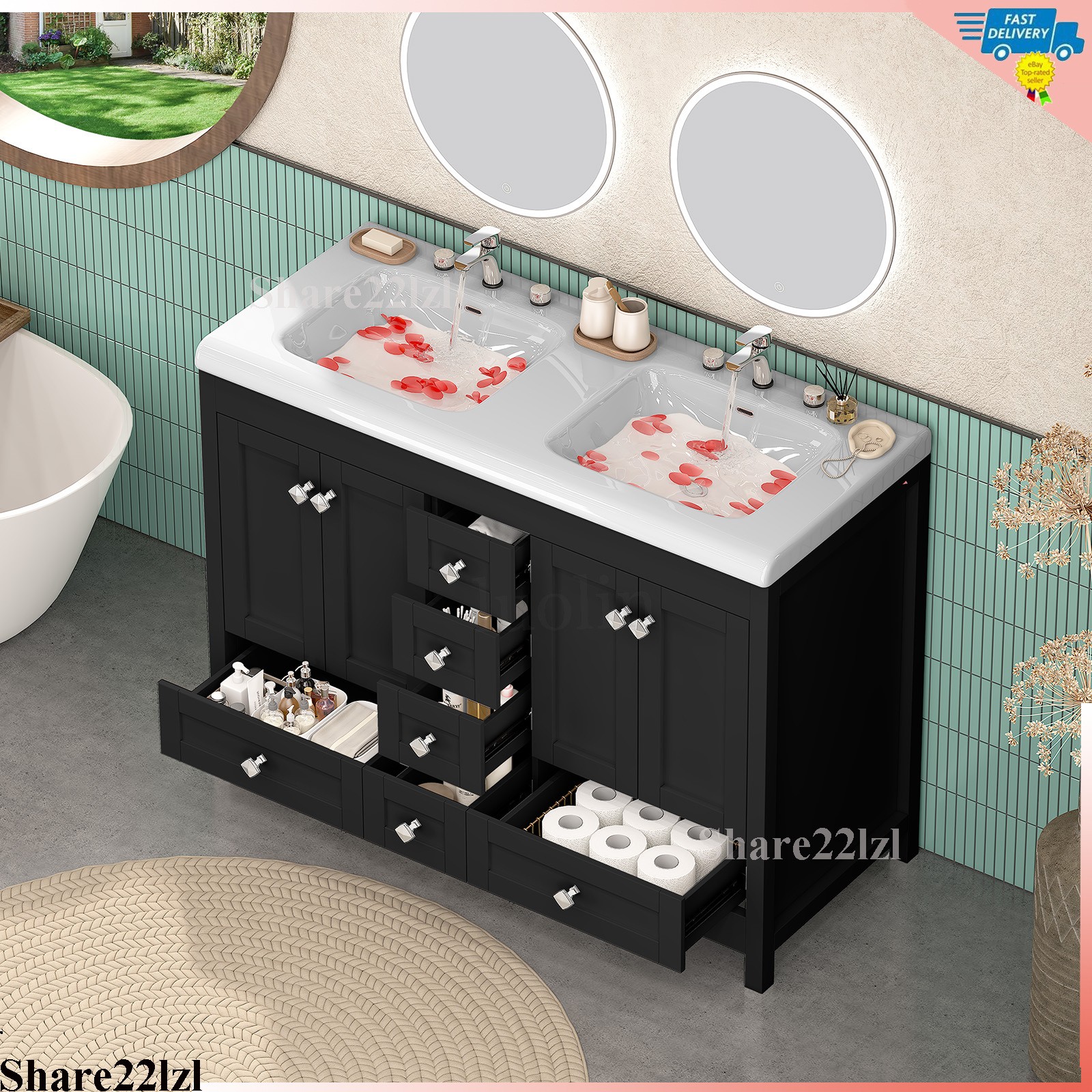 47″ Bathroom Vanity Freestanding Cabinet Double Sink Ceramic 5 Drawers,Black