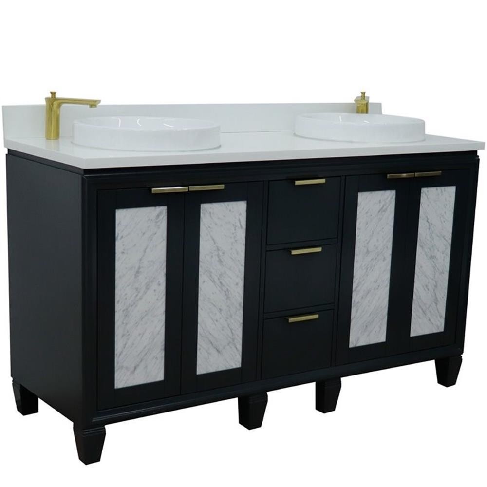 Pemberly Row 61″ Double Round Sink Vanity in Dark Gray/White Quartz Stone