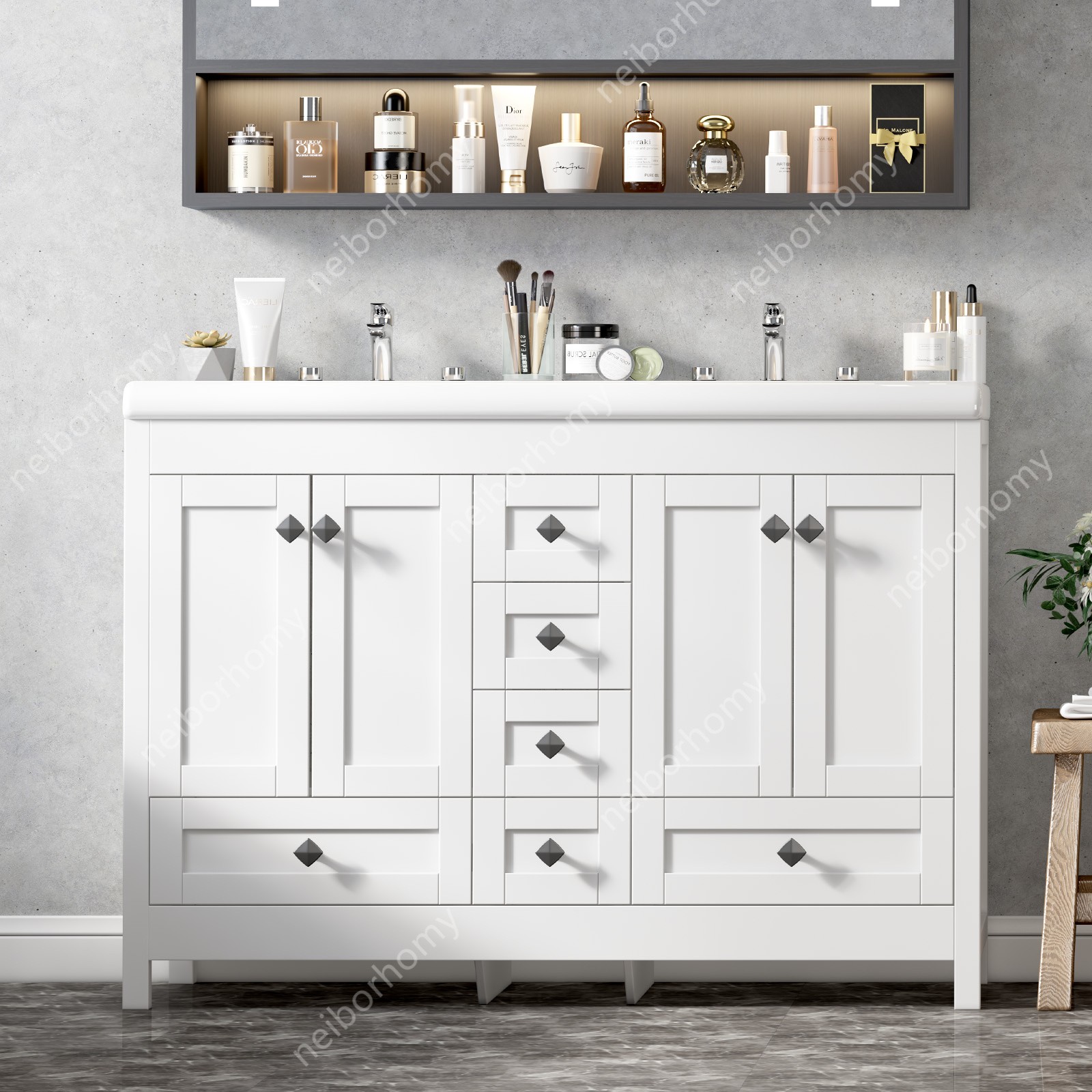 47″ Bathroom Vanity Double Sink Ceramic Freestanding Cabinet 5 Drawers,White
