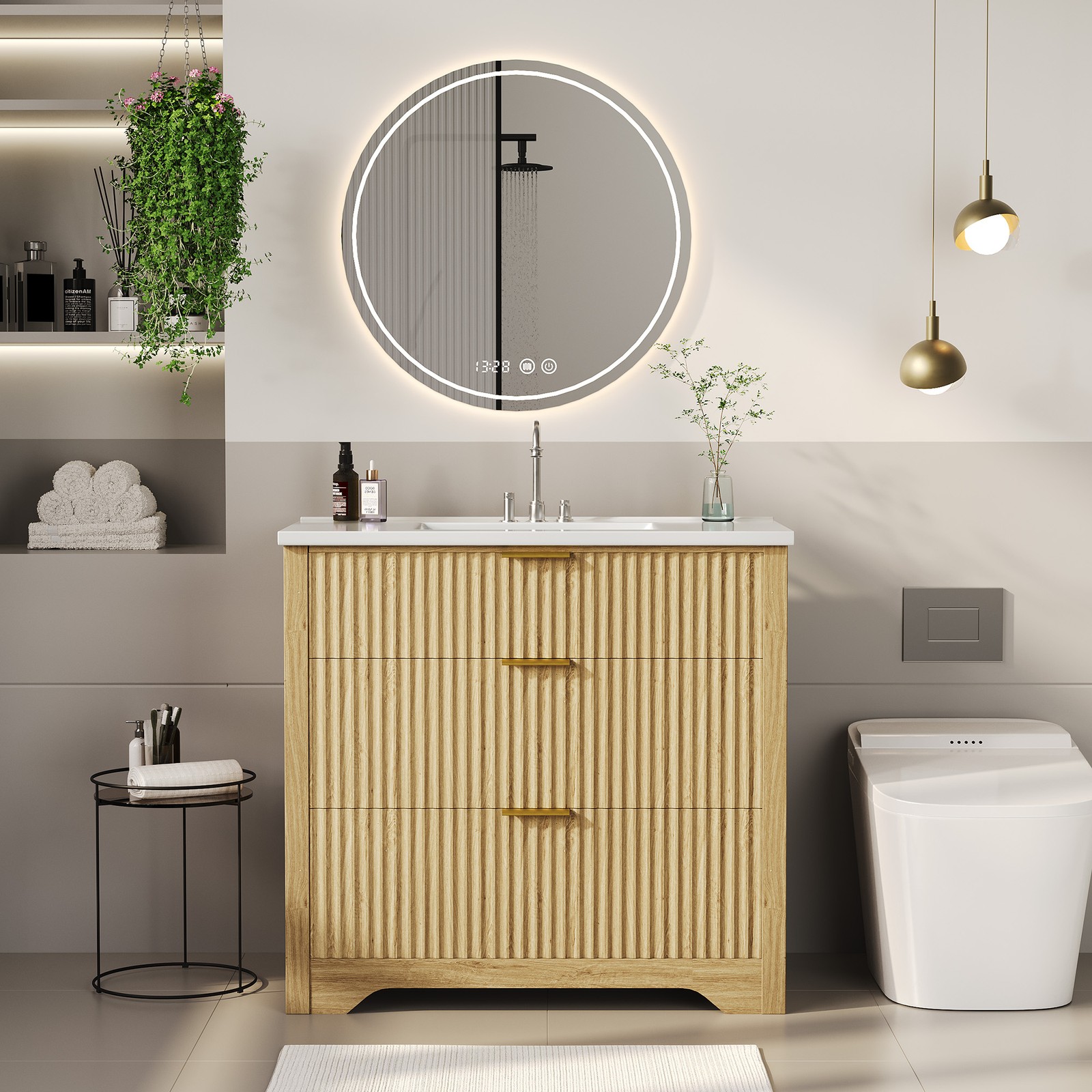 36” Fluted Bathroom Vanity Modern Freestanding Cabinet with Sink & 3 Drawers