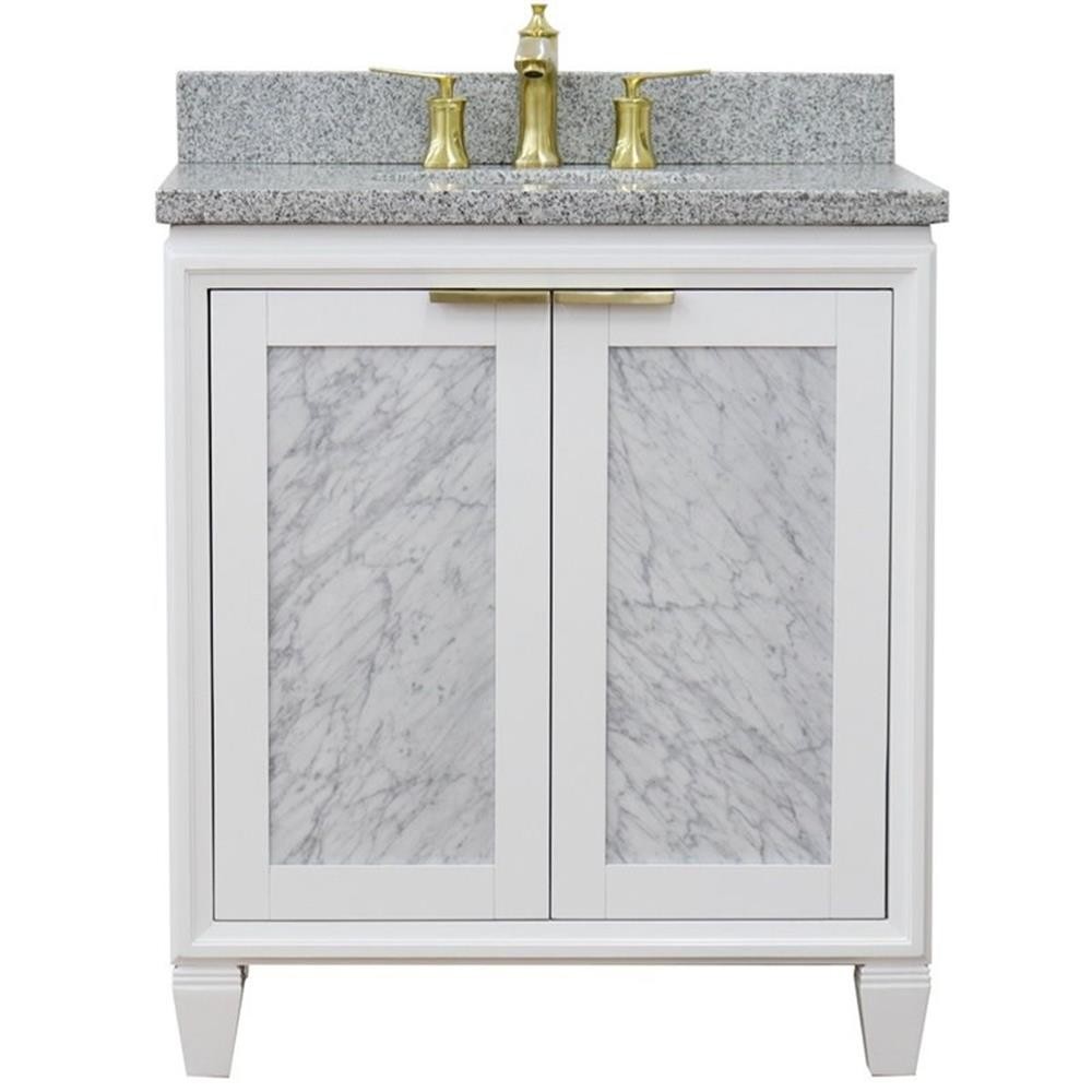 Pemberly Row 31″ Single Oval Sink Solid Wood Vanity in White/Gray Granite Stone