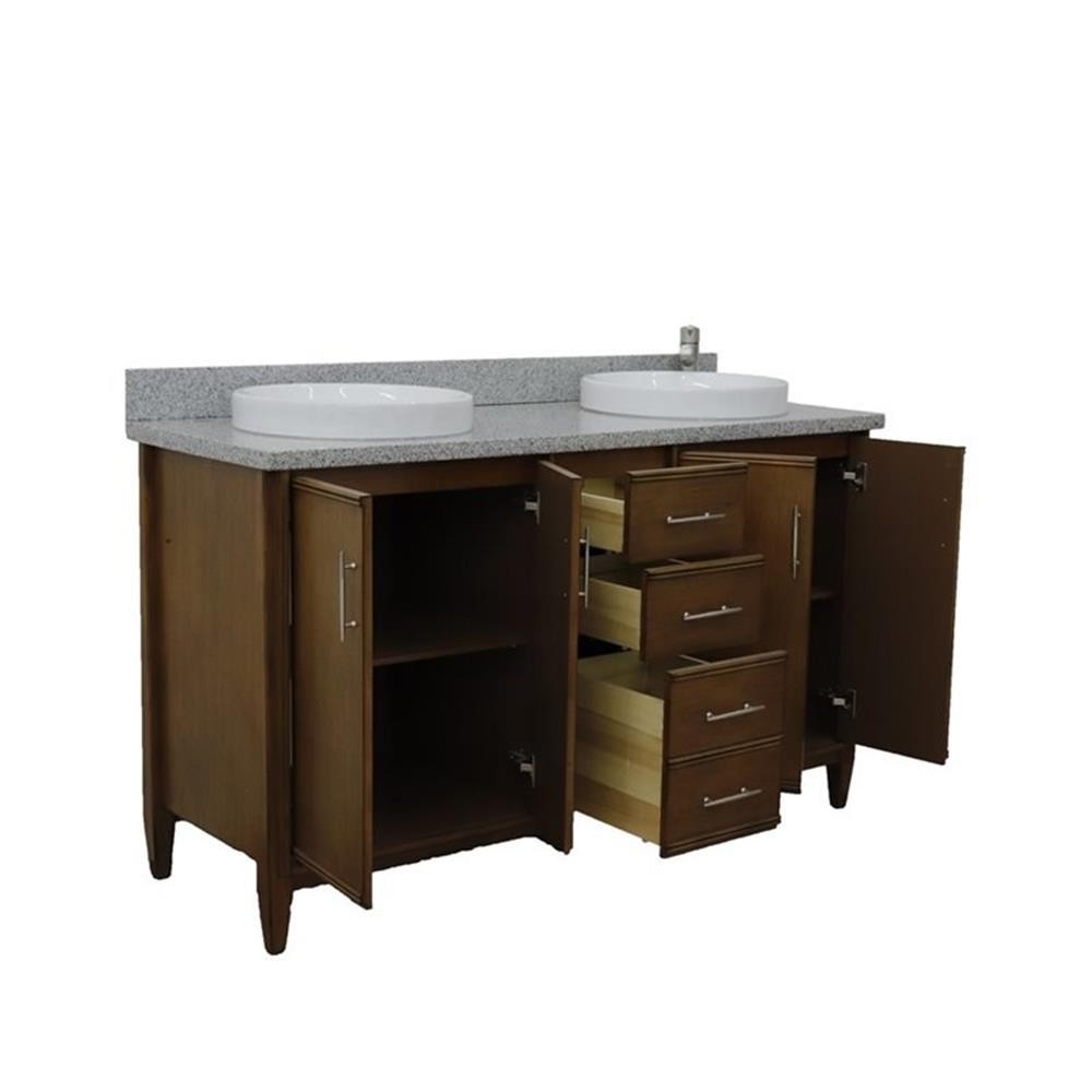 Pemberly Row 61″ Double Round Sink Vanity with Gray Granite Stone in Walnut