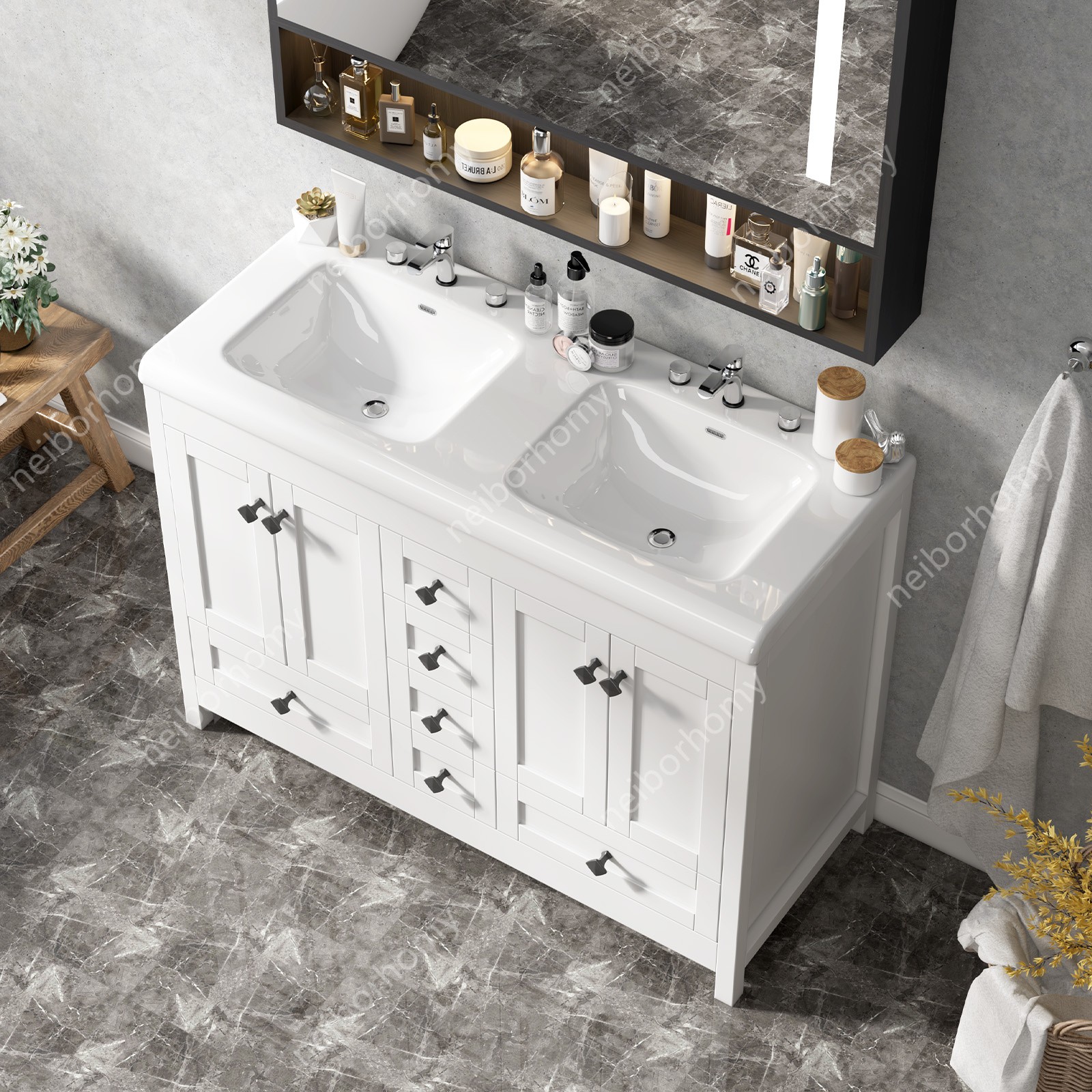 47″ Bathroom Vanity Double Sink Ceramic Freestanding Cabinet 5 Drawers,White