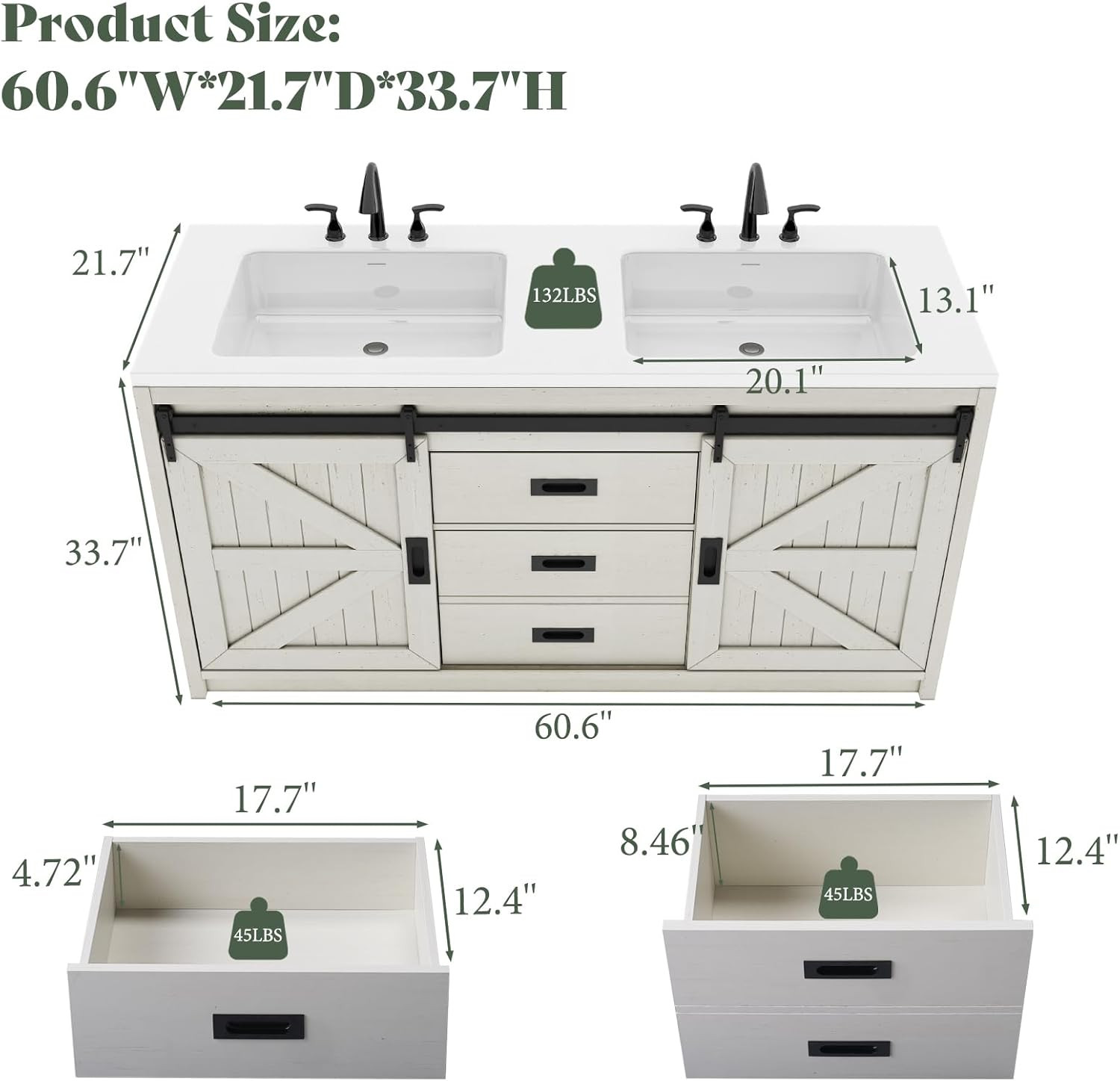 61″ Farmhouse Sliding Barn Door Double Vanity with Sink Combo, Freestanding Bath