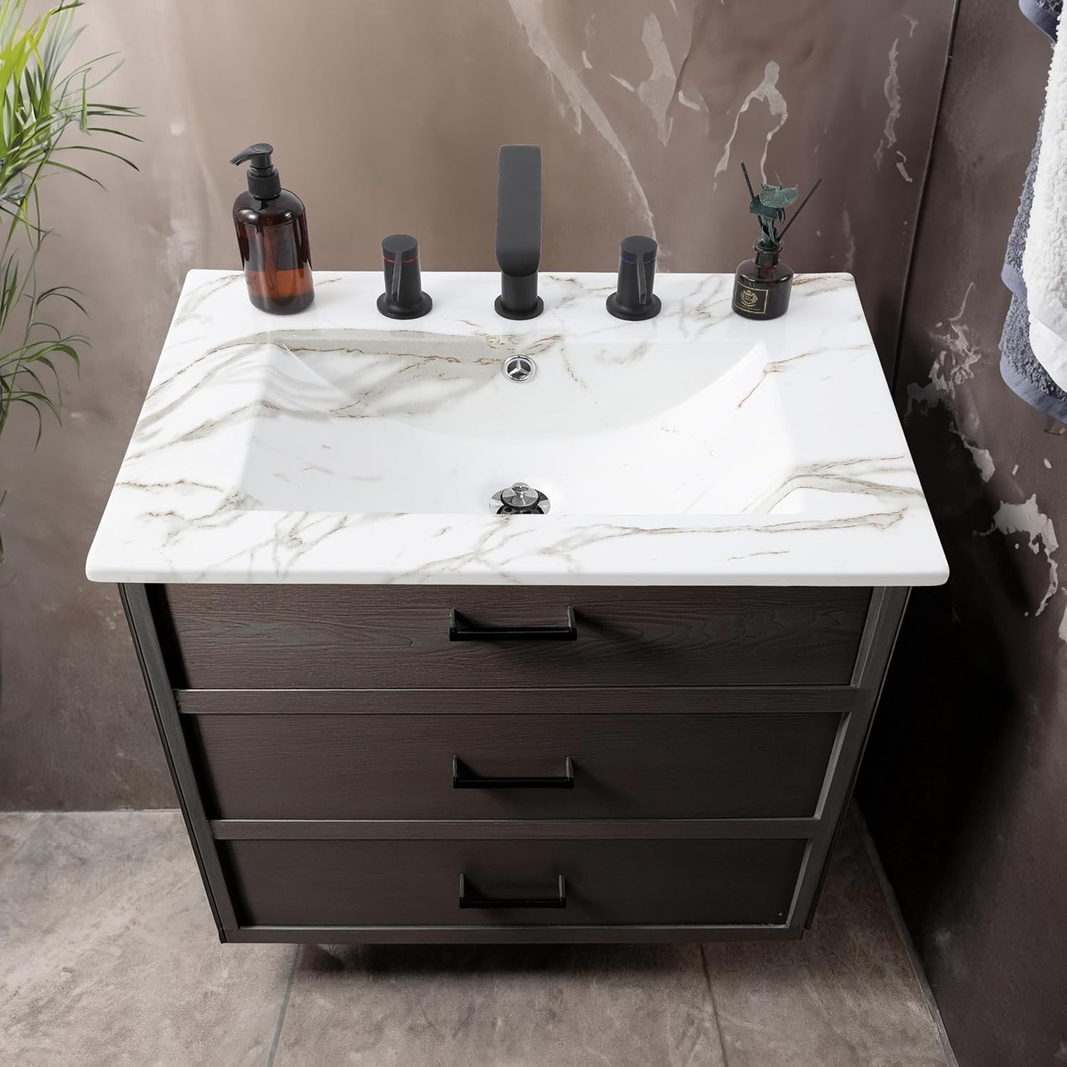 Elegant 24″ Ceramic Vanity Sink Top White Marble Effect Rectangular 3-Hole