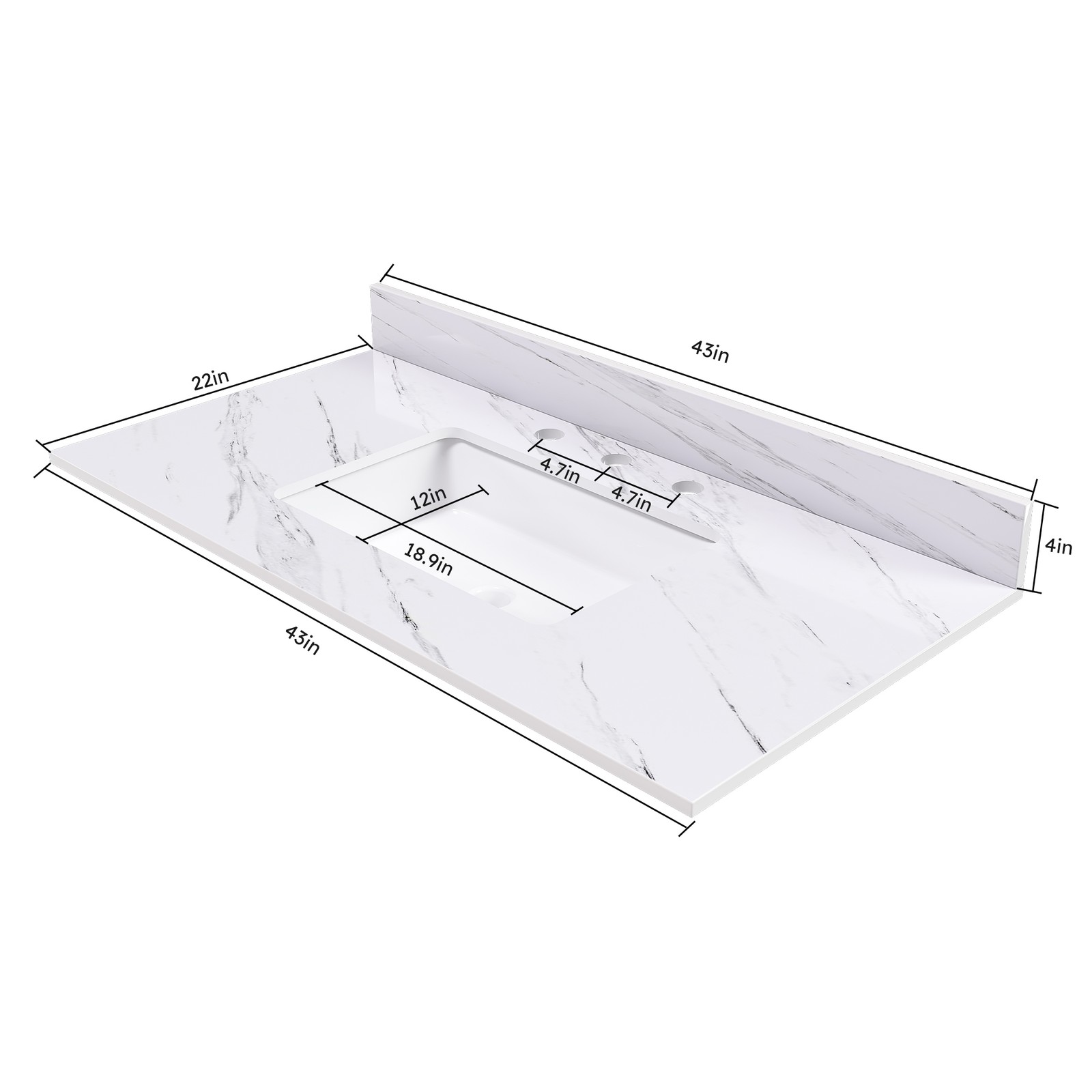 43″ Marble Vanity Top White with 3 Faucet Holes Undermount Sink 4″ Backsplash