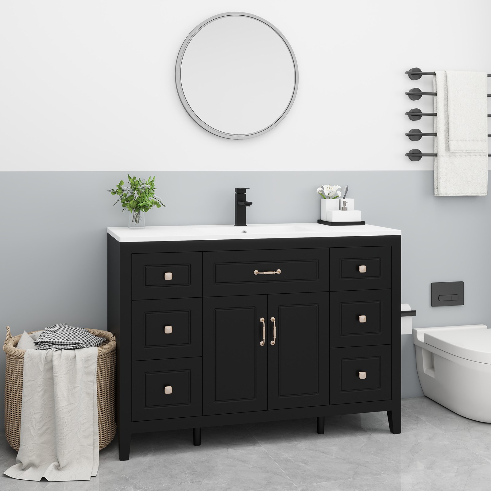 48 Inch Bathroom Vanity with Sink Soft Close 2 Doors and 6 Drawers Freestanding