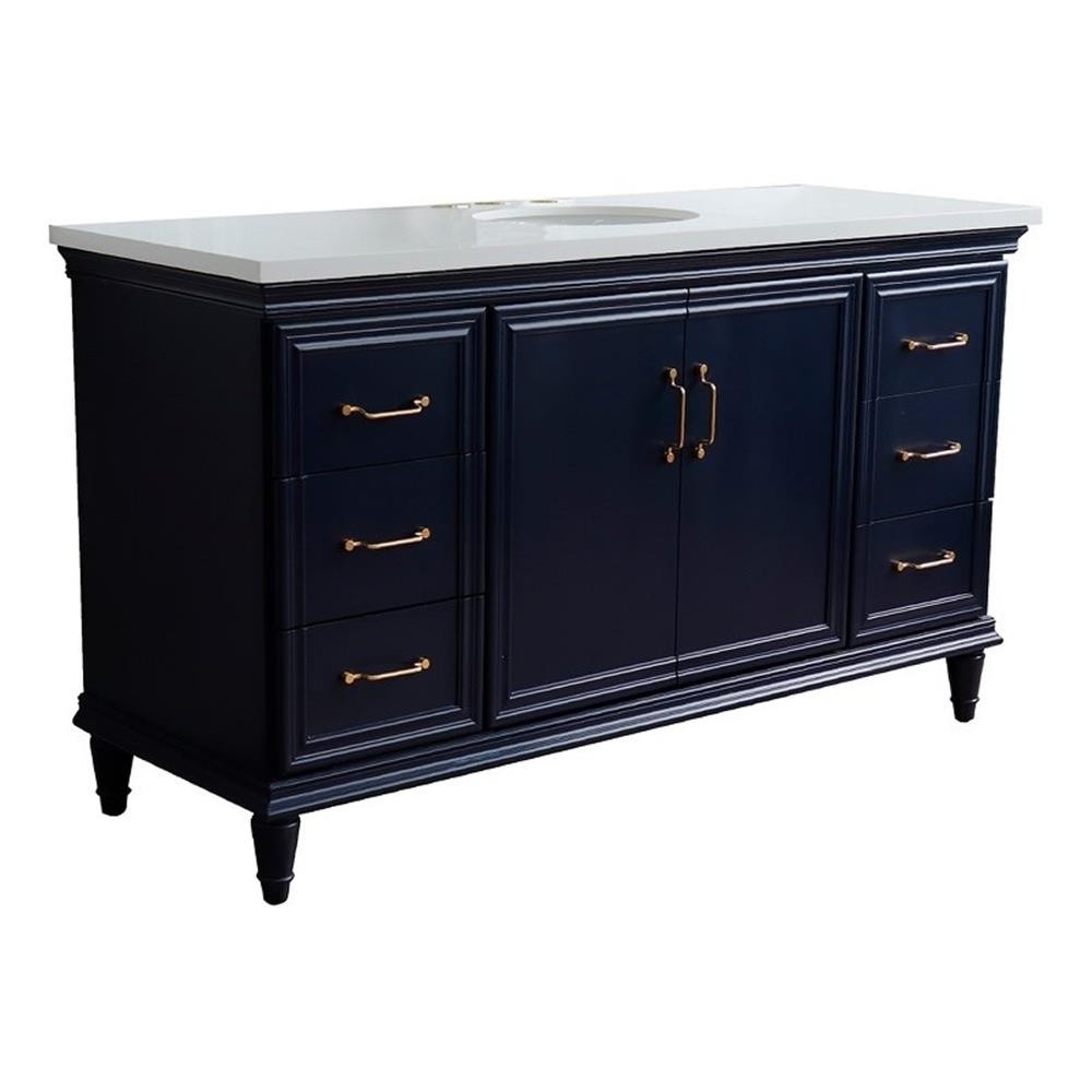 61 in. Single Wooden Vanity Blue White Quartz Oval Sink