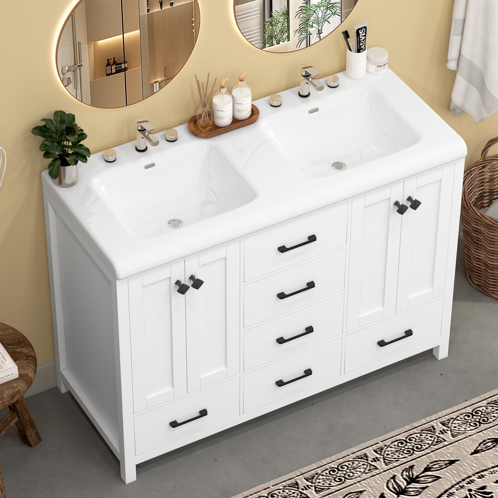 47″ White Bathroom Vanity Storage Cabinet with Double Ceramic Sink Freestanding