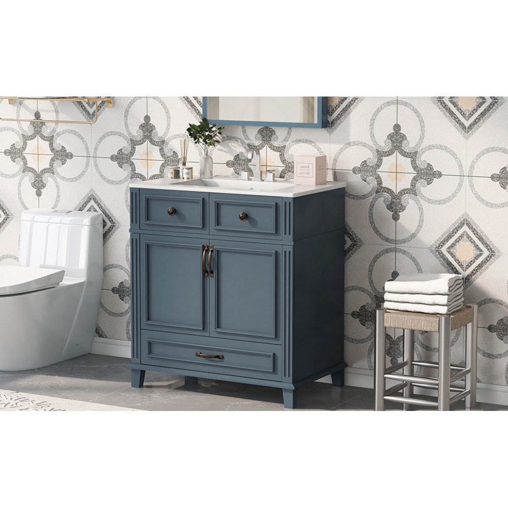 30” Bathroom Vanity with Ceramic Sink,Solid Wood Frame Bathroom Storage Cabinet