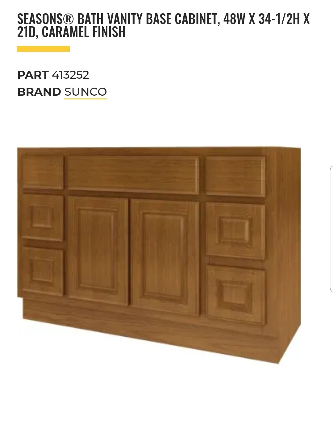 Seasons Bath Vanity Base Cabinet, 48w X 34-1/2h X 21d, Caramel Finish
