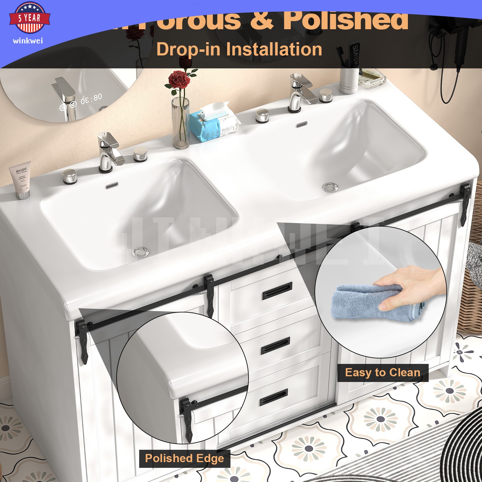 47.3″ Grey Bathroom Vanity Vanity Top Double Sink Ceramic 5 Drawer Freestanding