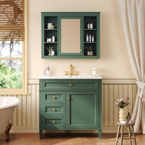 36” Blue Bathroom Vanity w/ Sink & Mirror Cabinet Storage Soft Close Doors