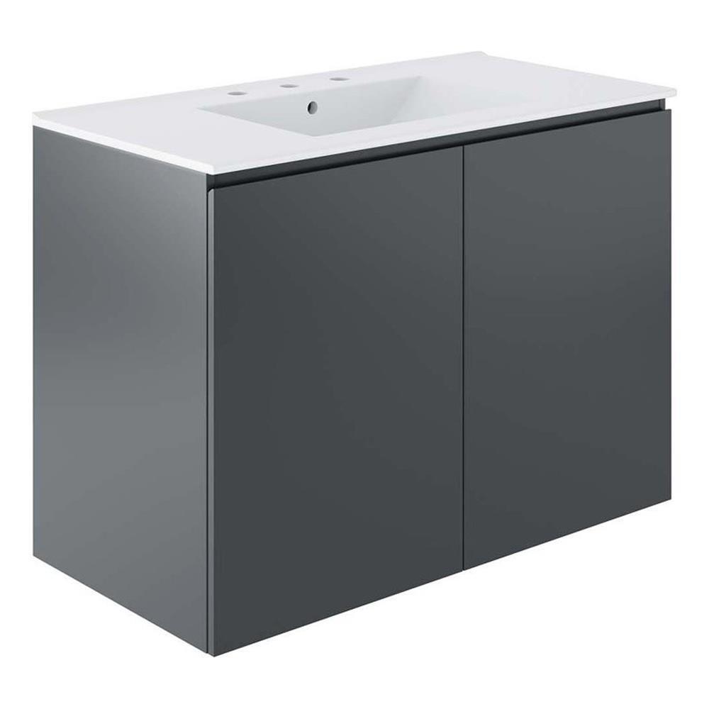 Modway Bryn 36″ Modern Wood/Ceramic Wall-Mount Bathroom Vanity in Gray/White