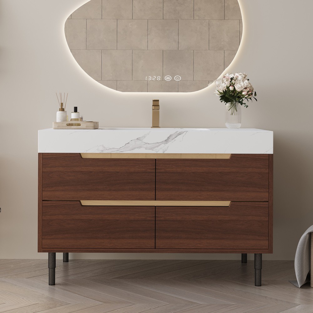 35.4″ Farmhouse Bathroom Vanity w/Sintered Stone Top，4 Drawers，Wall/Floor Mount