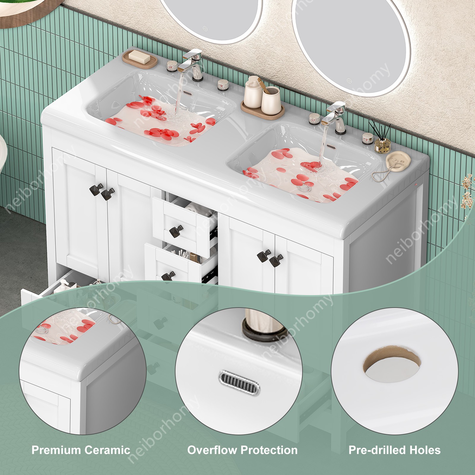 47″ White Classic Bathroom Vanity Double Ceramic Sinks Freestanding w/ 5 Drawers