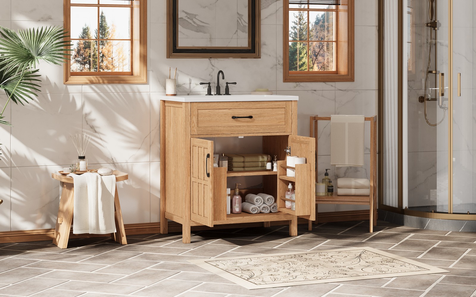 30″ Bathroom Vanity with Resin Sink, Modern Wood Frame Bathroom Sink Cabinet