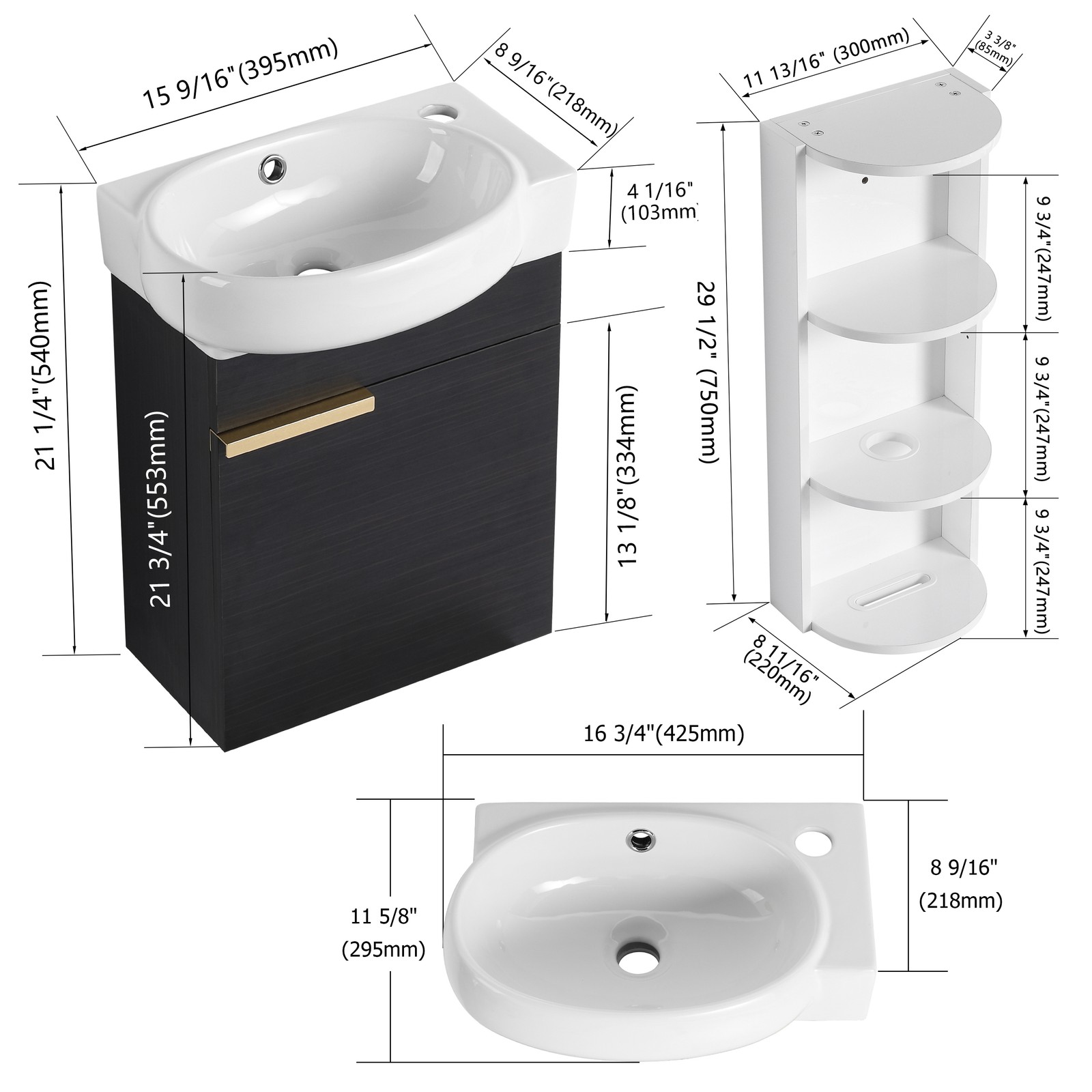 16In Freestanding Bathroom Vanity With Ceramic Sink Basin W/ Storage Rack Black