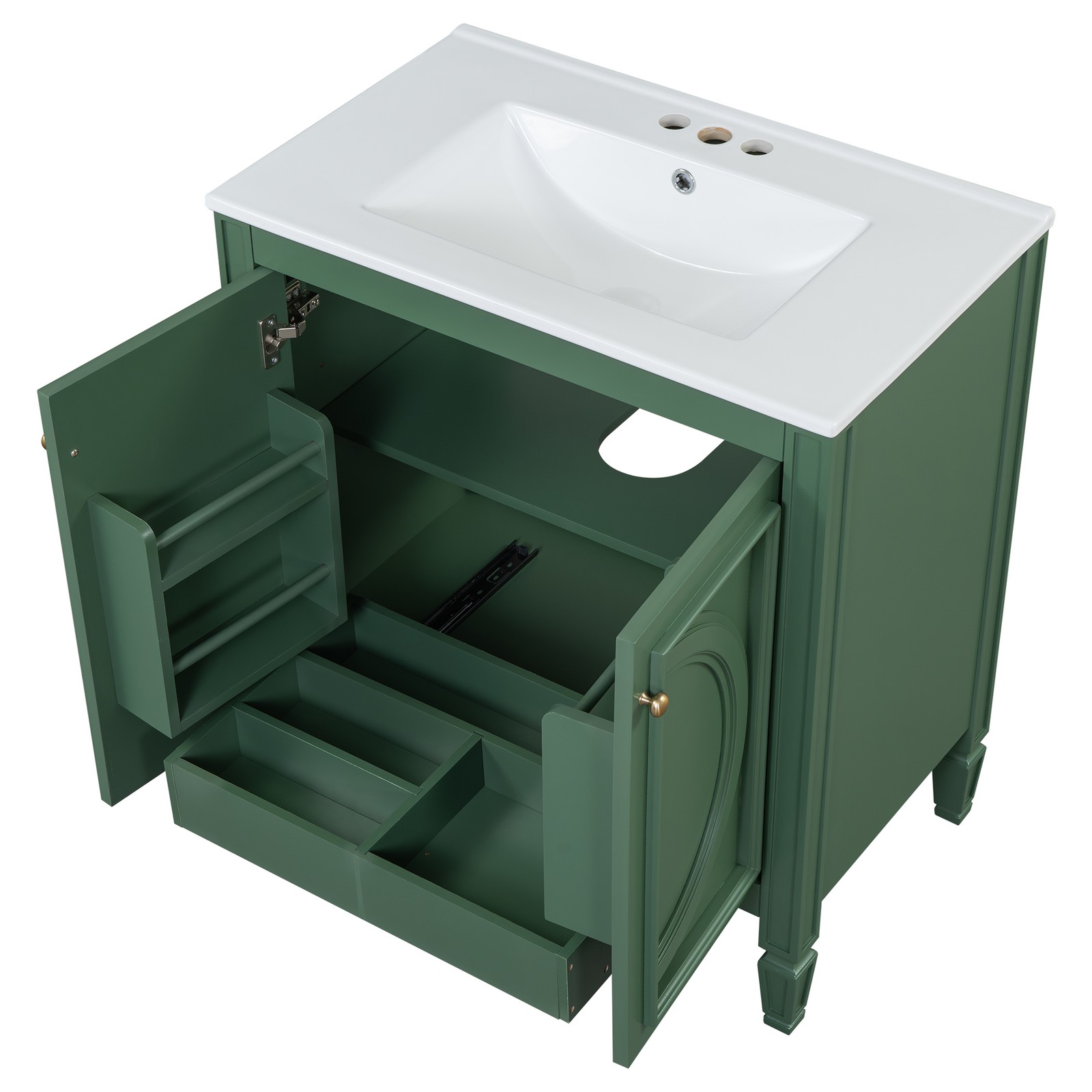 30″ Bathroom Vanity with Ceramic Sink, Two Doors & Drawer, Green