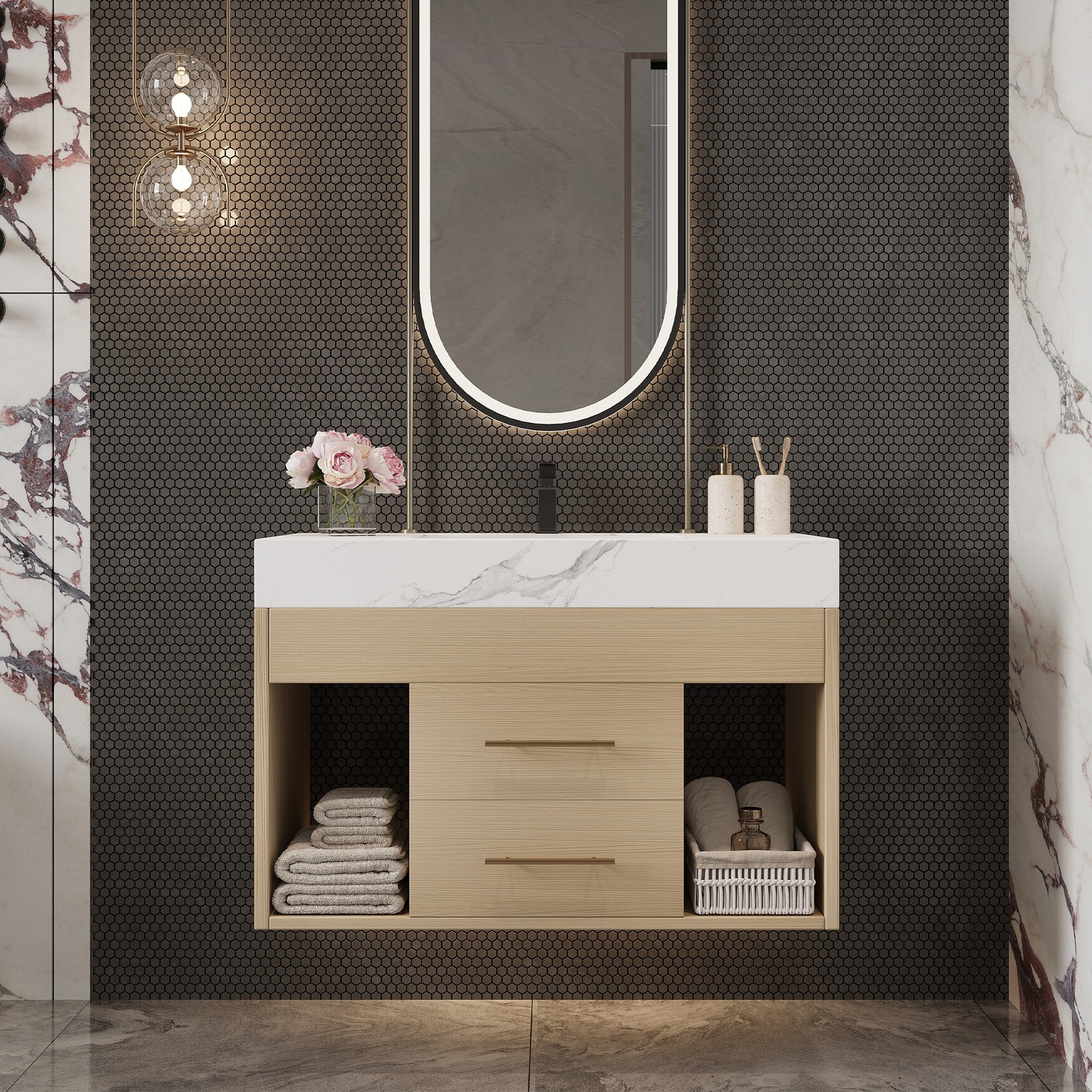 29.9″ Floating Bathroom Vanity with Sintered Stone Top & Ceramic Sink
