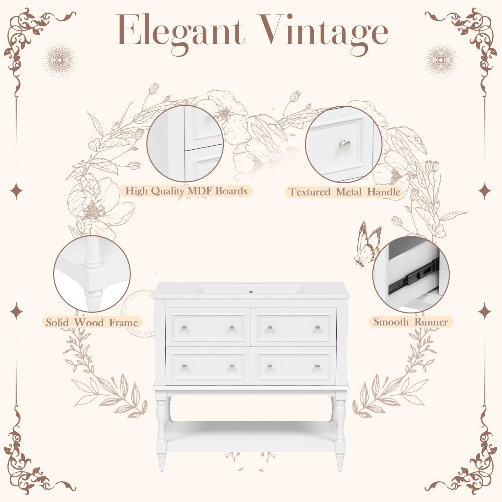 Elegant 36″ Bathroom Vanity Sink Combo, MDF Solid Wood Frame, 4 Drawers,