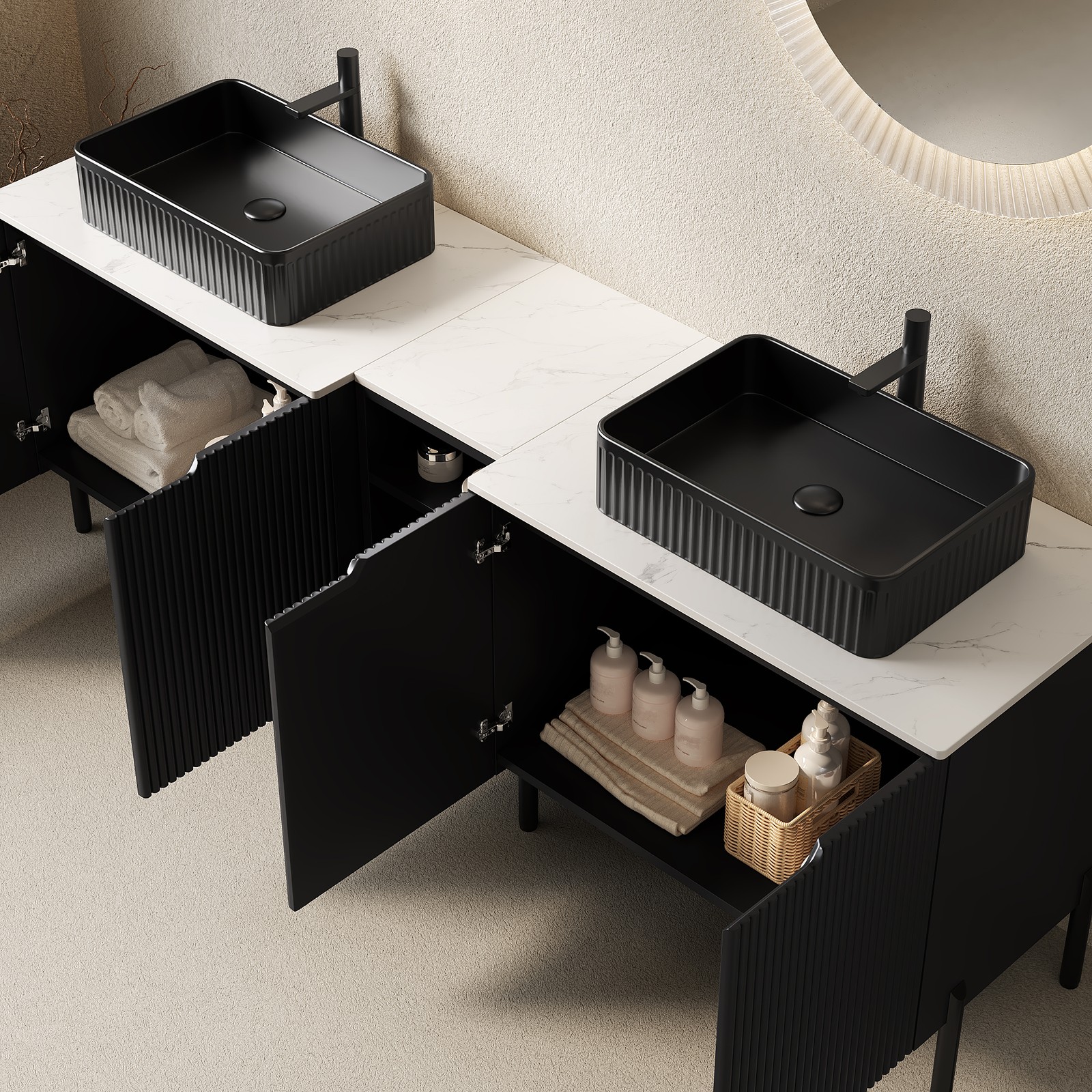 72″ Freestanding Double Bathroom Vanity with 2 Sinks Black Carrara White