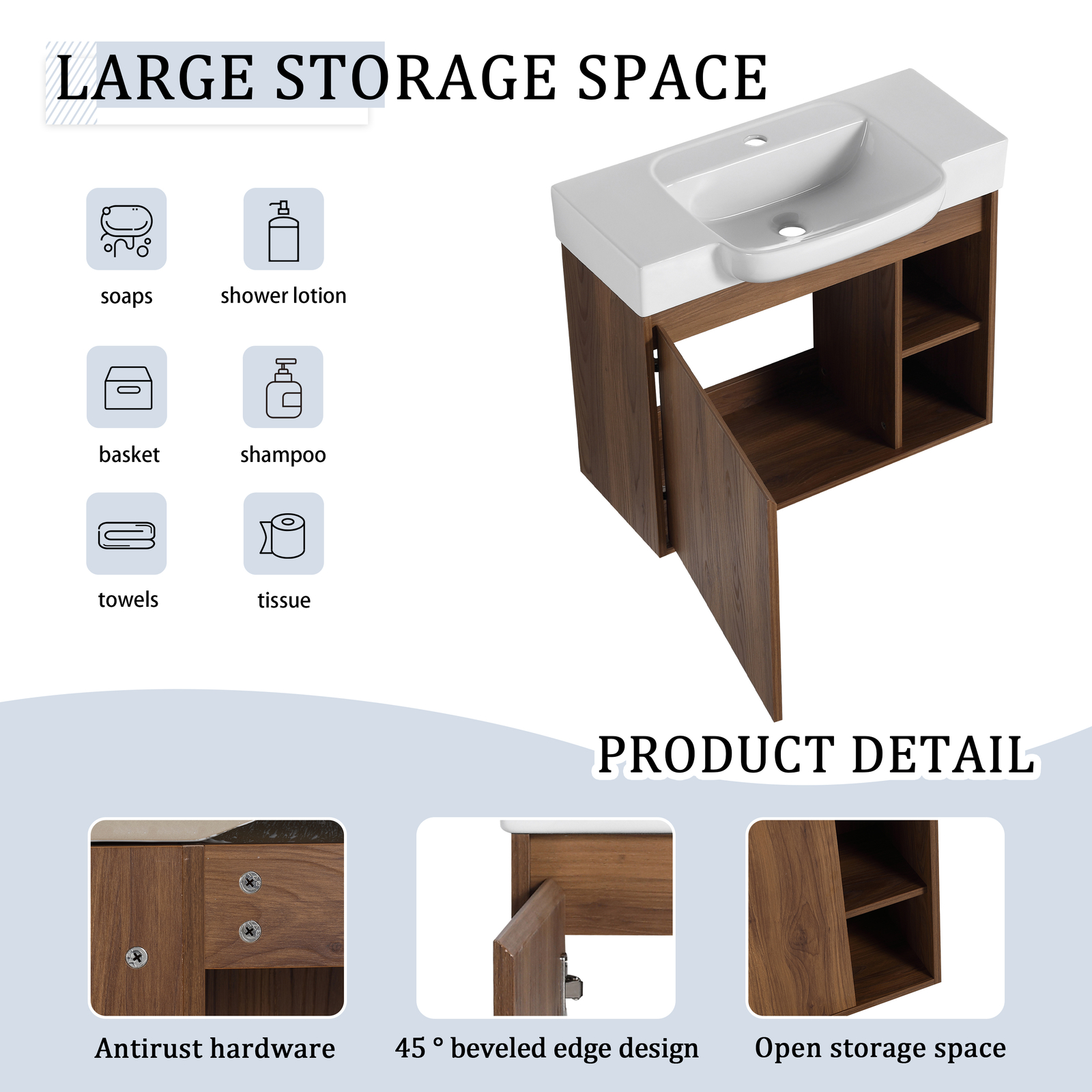 28” Plywood Wall-Mounted Bathroom Vanity Cabinet W/ Ceramic Sink /Shelves Brown