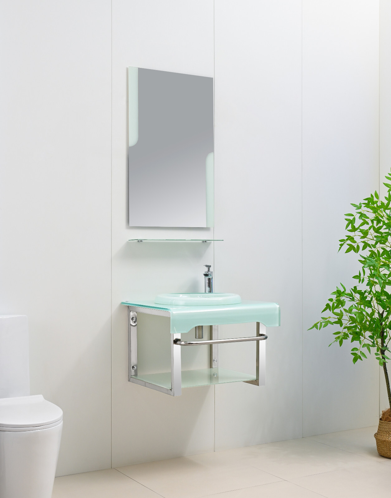 24″ Wide Modern Tempered Glass & Stainless-Steel Set include mirror and shelve