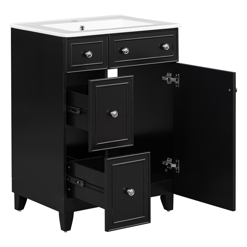 24″ Black Bathroom Vanity Cabinet with Ceramic Sink,2 Drawers,1 Soft-Close Door