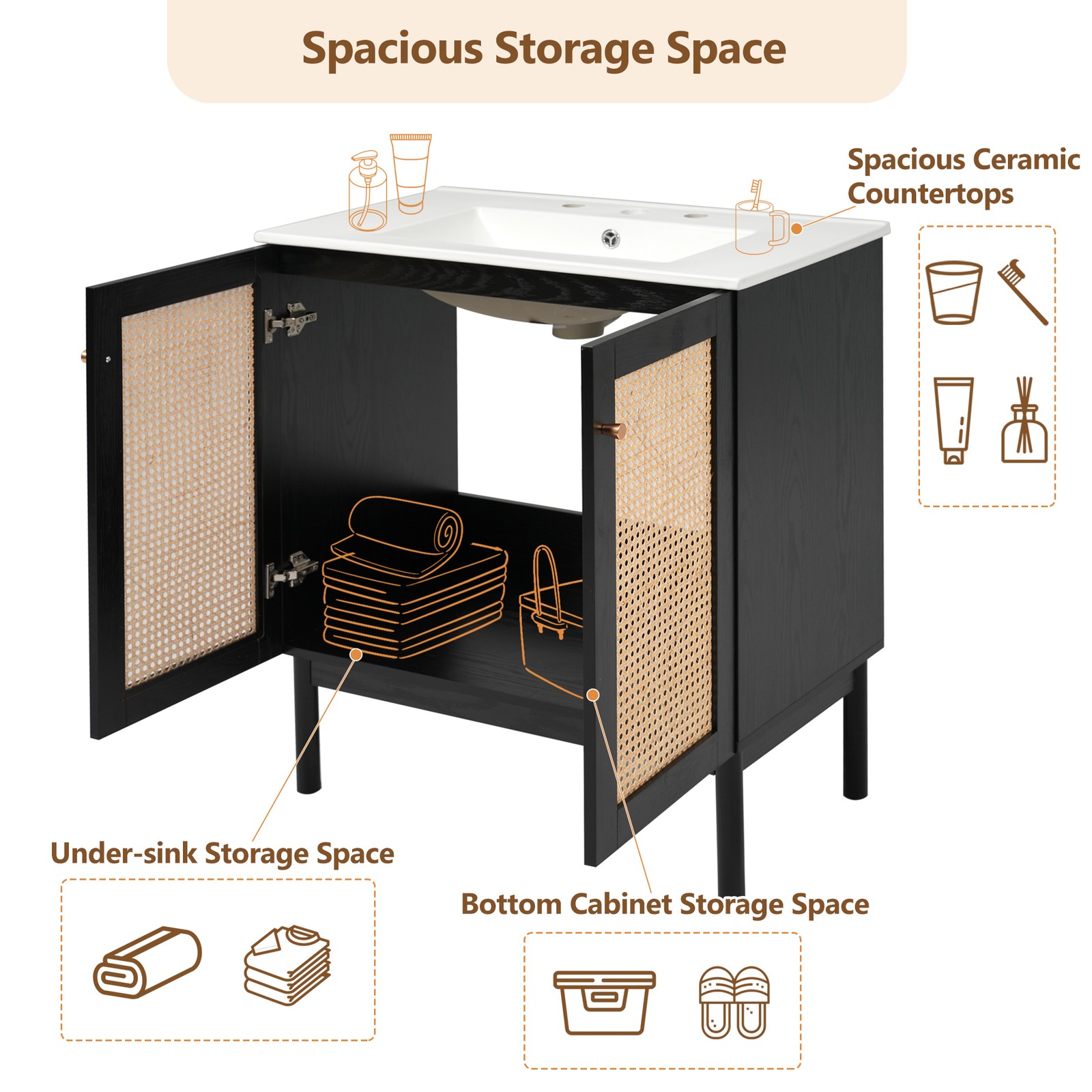 30-inch Bathroom Vanity w/Ceramic Sink Storage Cabinet w/Soft-Close Rattan Door